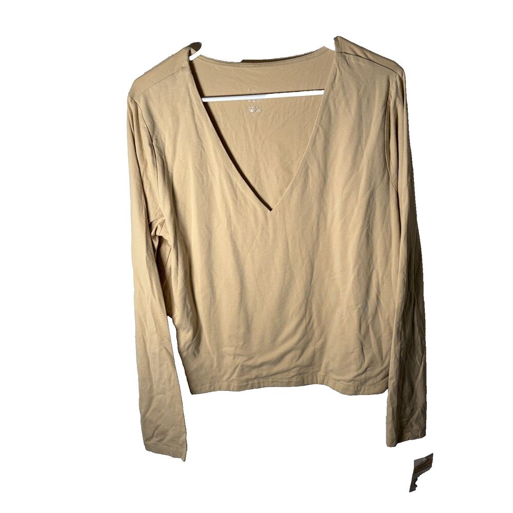 A New Day T-Shirt Women's XL V-Neck Beige Mustard Long Sleeve Casual NWT